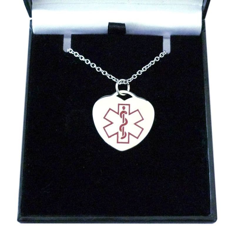 Medical Necklace with Engraving in Gift Box, Heart, Red | Charming Engraving