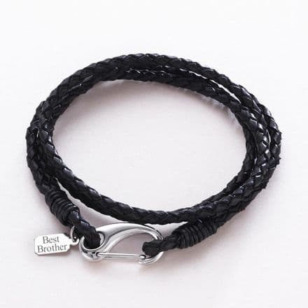 Men's Leather Wrap Bracelet with Engraved Charm.
