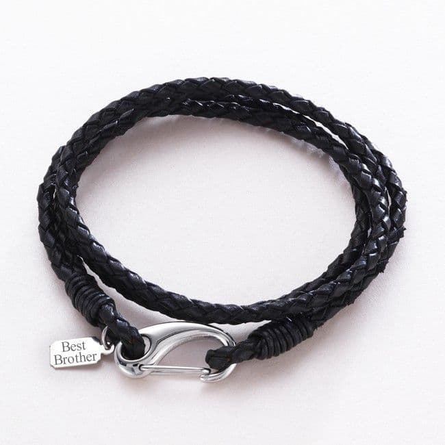 Men's Leather Wrap Bracelet with Engraved Charm | Charming Engraving