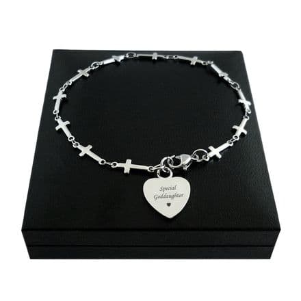 Multi Cross Link and Engraved Heart Steel Bracelet