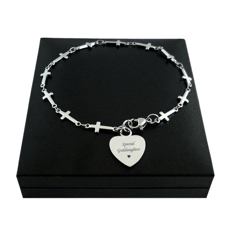 Multi Cross Link and Engraved Heart Steel Bracelet | Charming Engraving