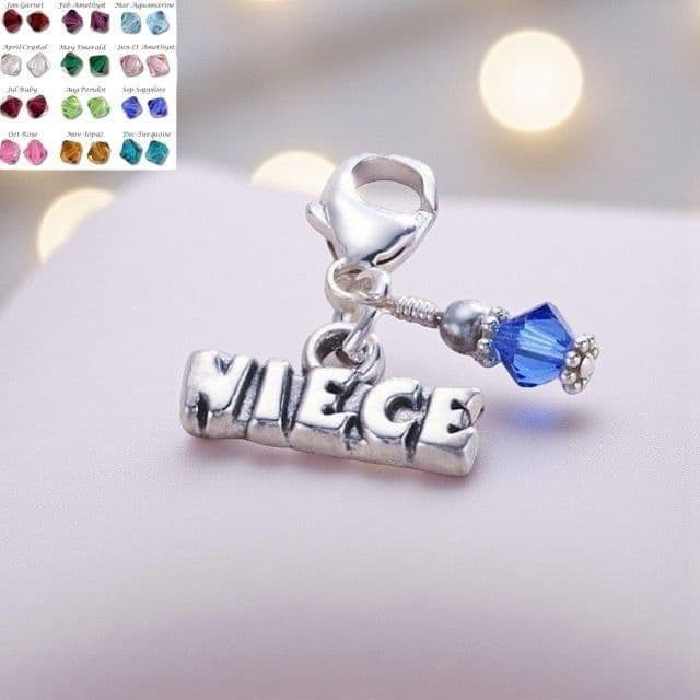 Niece Charm with Birthstone, Sterling Silver on Lobster Clasp | Charming Engraving