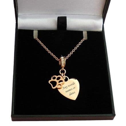 Paw Necklace with Engraved Heart, Rose Gold