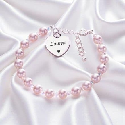 Pearl And Crystal Bracelet With Engraved Heart Charm