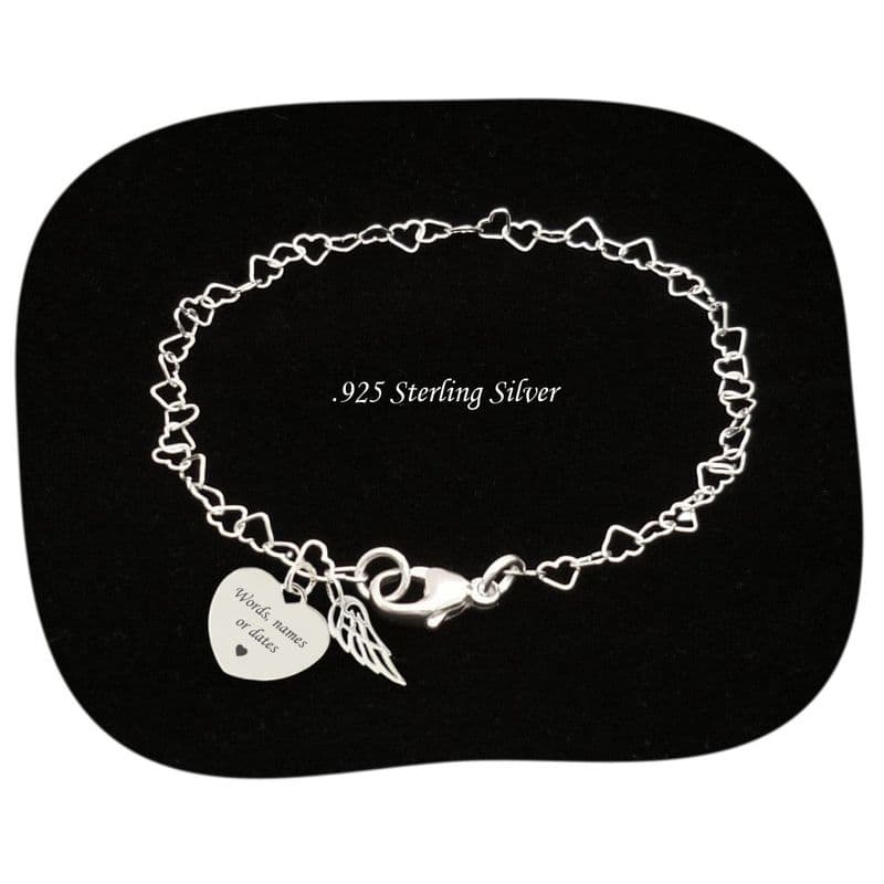 Personalised, 925 Sterling Silver Hearts Chain and Angel Wing Bracelet | Charming Engraving