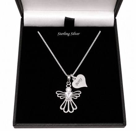 Personalised Angel Necklace, 925 Sterling Silver, Engraved Heart, Girls, Women