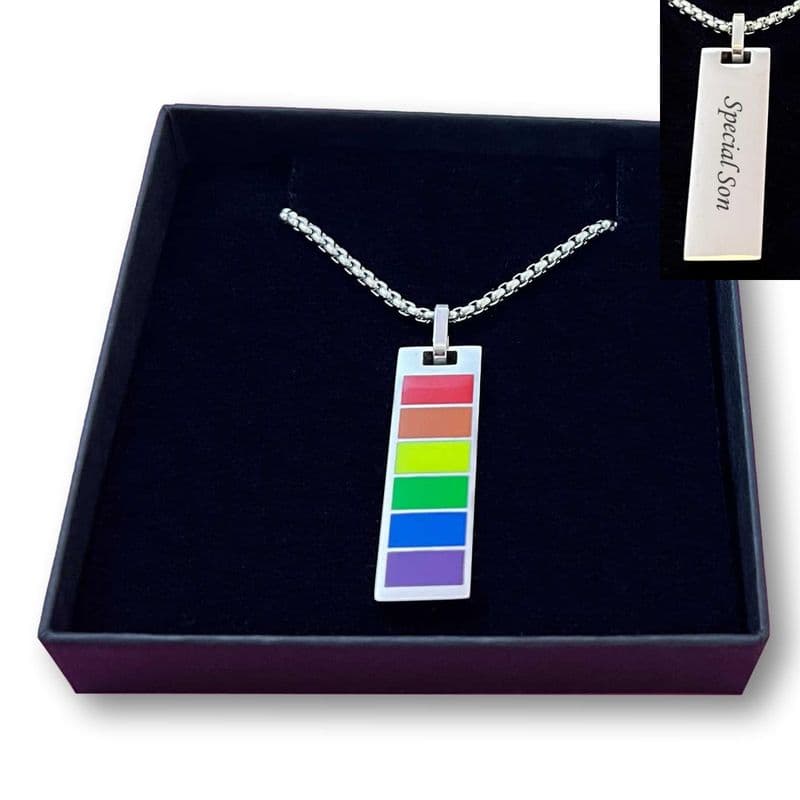 Personalised Bar Necklace for Men, Women, LGBTQ, Rainbow, Engraved | Charming Engraving