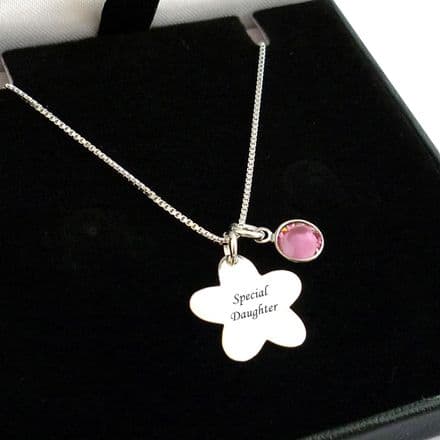 Personalised Birthstone and 925 Stg Silver Flower Necklace
