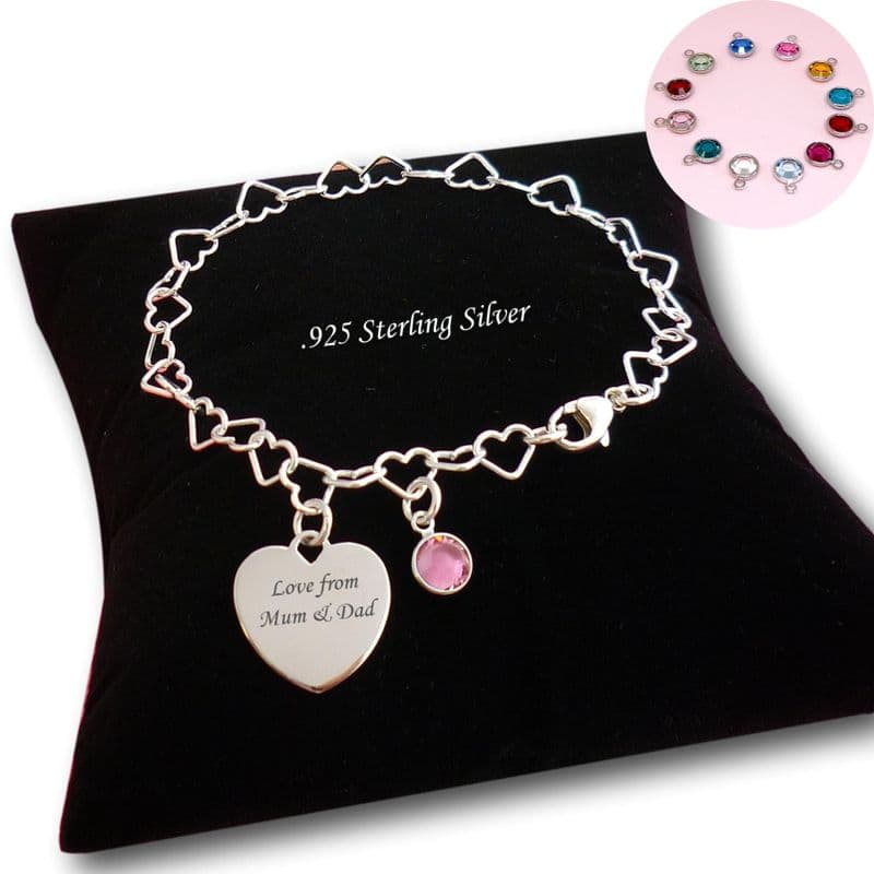 Personalised Bracelet, 925 Sterling Silver, Engraving & Birthstone | Charming Engraving