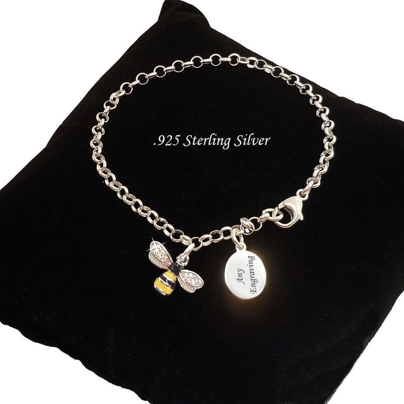 Personalised, Engraved .925 Sterling Silver Chain Bracelet with Bee Charm | Charming Engraving