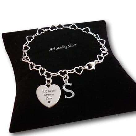 Personalised, Engraved, Bracelet, 925 Silver Heart and CZ Crystal Letter Charm