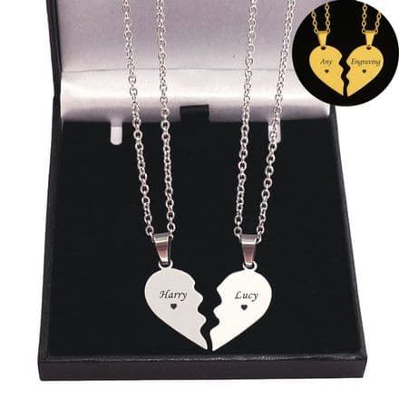 Personalised Half Heart Necklaces, Split Heart, Two Parts of One Heart, Engraved