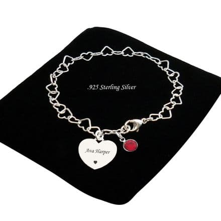 Personalised Heart Chain Birthstone Bracelet, 925 Sterling Silver
