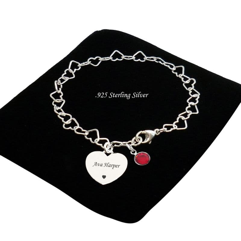 Personalised Heart Chain Birthstone Bracelet, 925 Sterling Silver | Charming Engraving