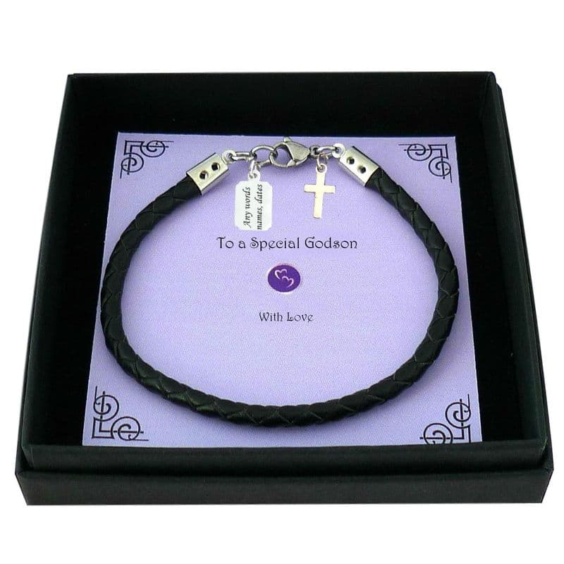 Personalised Leather Bracelet with Cross and Engraved Tag in Presentation Gift Box | Charming Engraving