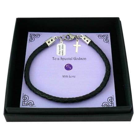 Personalised Leather Bracelet with Cross and Engraved Tag in Presentation Gift Box