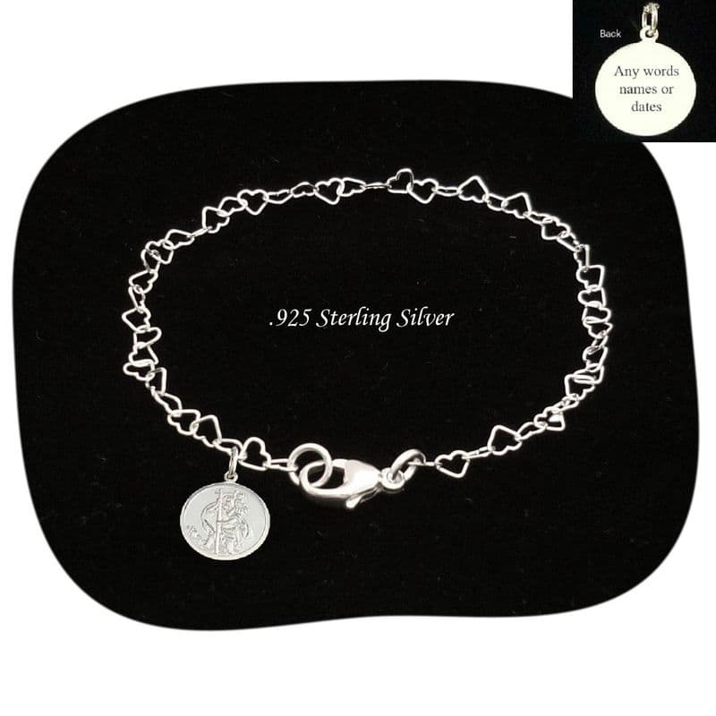 Personalised Saint Christopher, Heart Link Chain, Bracelet with Engraving, 925 Sterling Silver | Charming Engraving