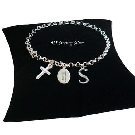 Personalised, Silver Bracelet with Cross Charm & Letter, Engraved