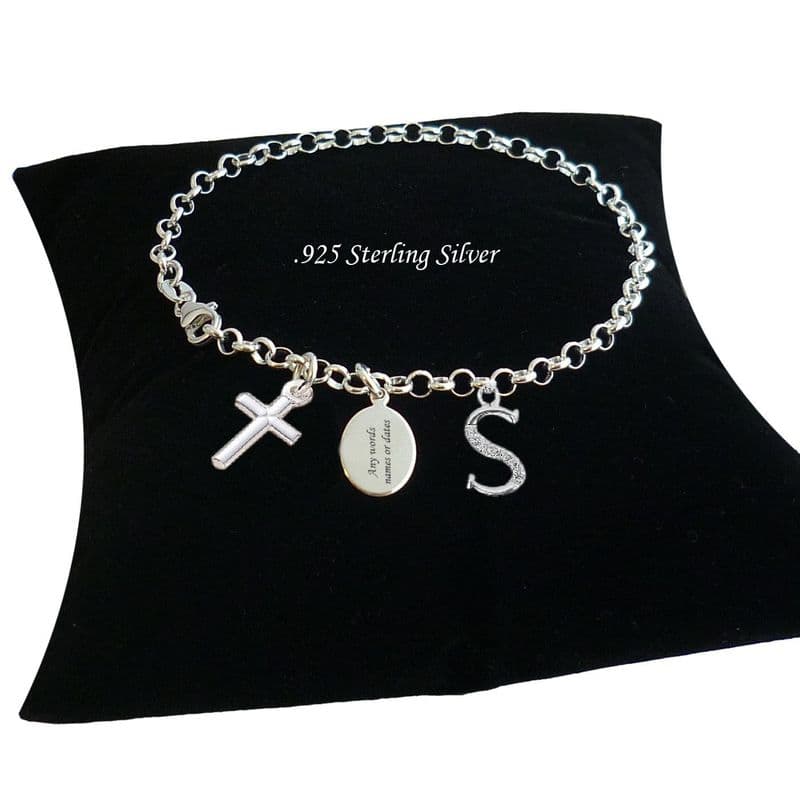 Personalised, Silver Bracelet with Cross Charm & Letter, Engraved | Charming Engraving