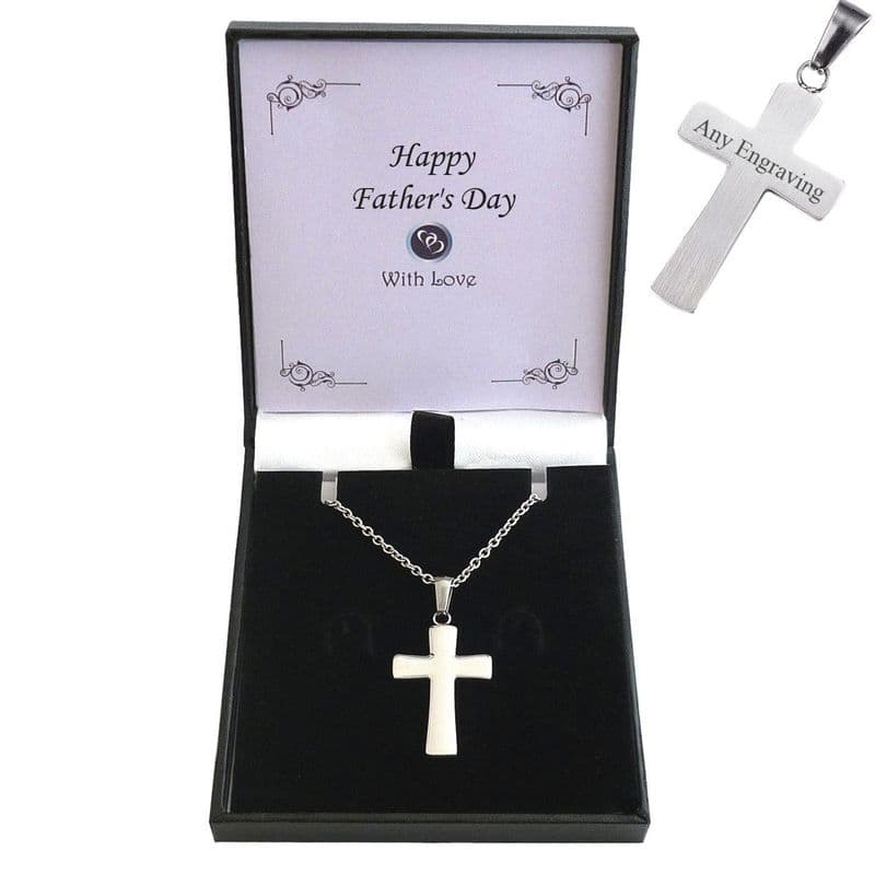 Personalised Silver Steel Cross Necklace. Gift for Father's Day | Charming Engraving