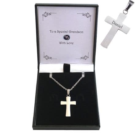 Personalised Silver Steel Cross Necklace. Gift for Son, Dad etc