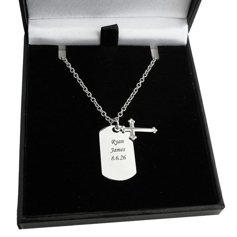 Personalised, Small Dog Tag Necklace for Boys, with Cross Pendant and Any Engraving | Charming Engraving