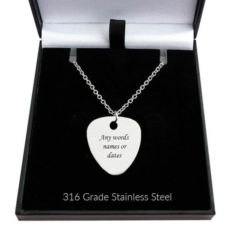 Personalised Stainless Steel Plectrum, Engraved Guitar Pick on Stainless Steel Necklace Chain | Charming Engraving