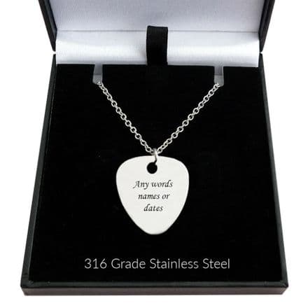 Personalised Stainless Steel Plectrum, Engraved Guitar Pick on Stainless Steel Necklace Chain