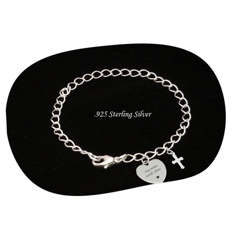 Personalised, Sterling Silver, Curb Chain Bracelet with Cross | Charming Engraving