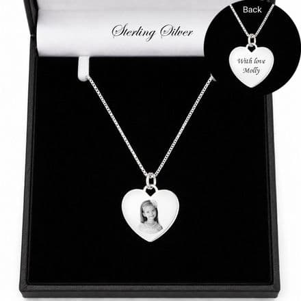 Personalised, Sterling Silver Engraved Photo Heart Pendant Necklace