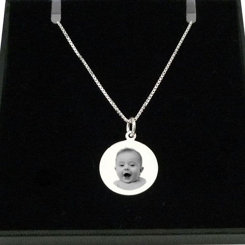 Personalised, Sterling Silver Engraved Photo Round Pendant Necklace | Charming Engraving