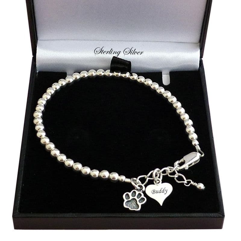 Personalised Sterling Silver Pet Name Bracelet with Engraved Heart| Charming Engraving