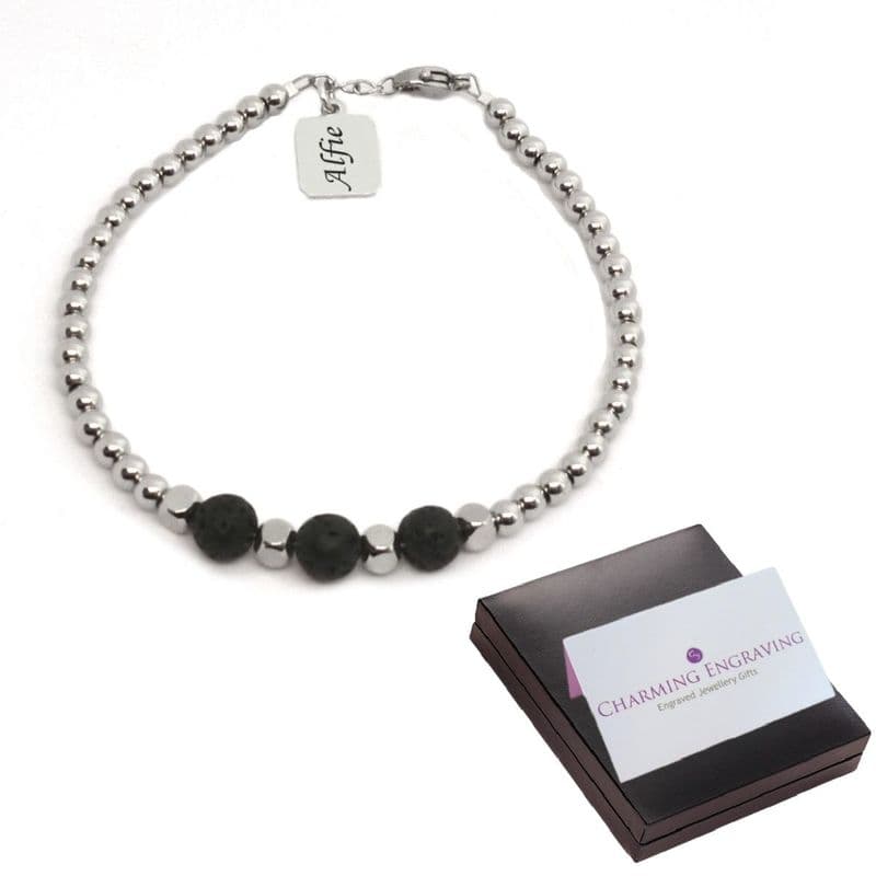 Personalised Unisex Bracelet  with Engraving, Steel Beads, Black or Brown Gemstones | Charming Engraving