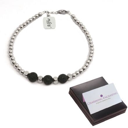 Personalised Unisex Bracelet with Engraving, Steel Beads, Black or Brown Gemstones