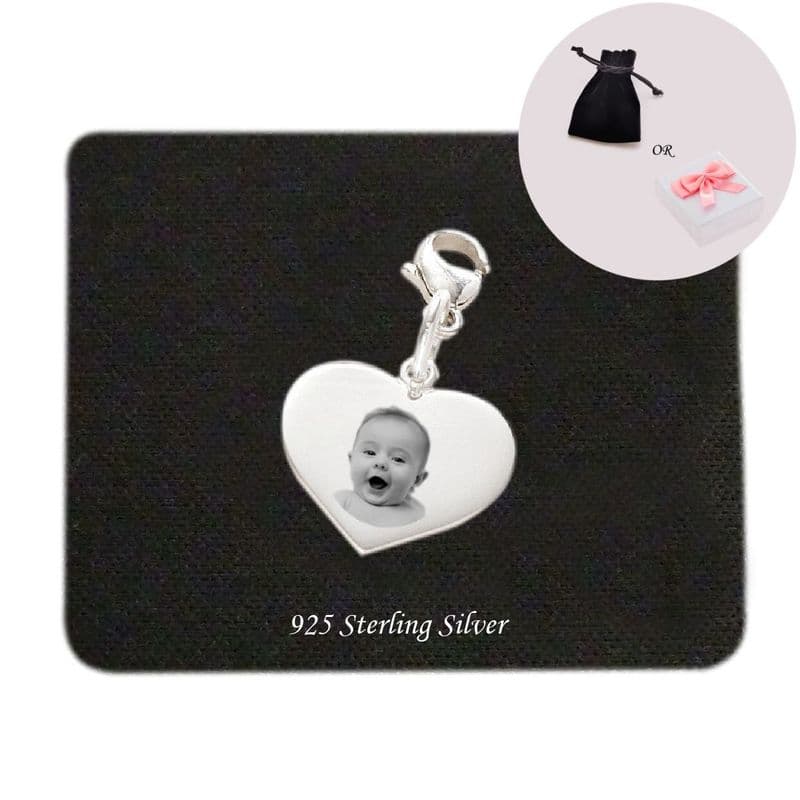 Photo Engraved Silver Heart Charm on Lobster | Charming Engraving