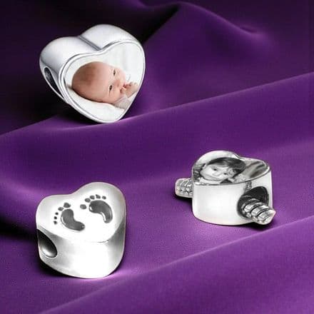 Photo Heart Baby Feet Charm Bead for Pandora Style Bracelets