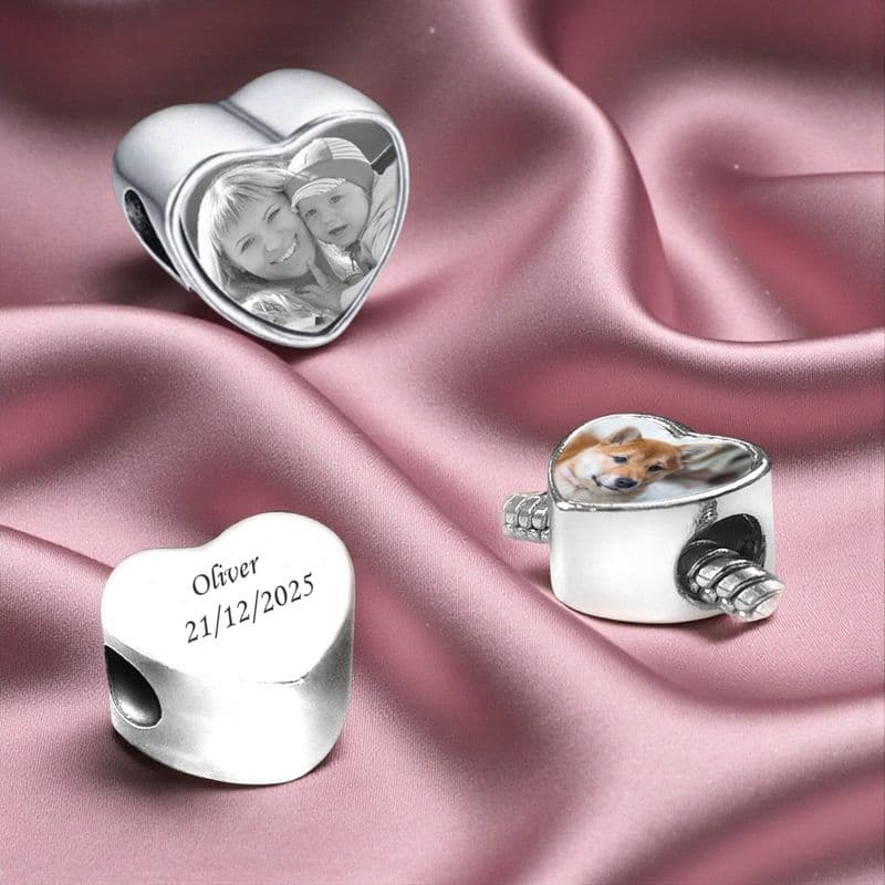 Photo Heart Charm Bead for Pandora Style Bracelets | Charming Engraving