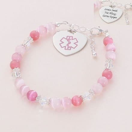 Pink Beaded Medical Bracelet with Engraving