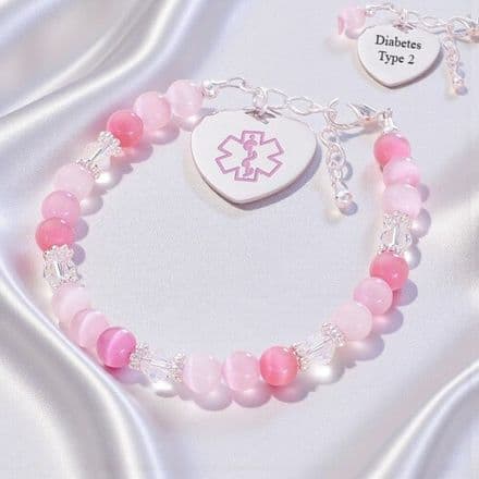 Pink Beaded Medical Bracelet with Engraving