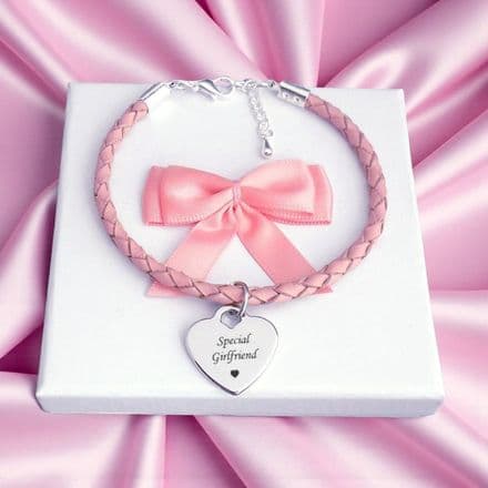 Pink Leather Bracelet with Engraving on Heart Charm