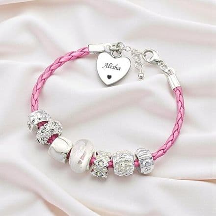 Pink Leather Engraved Charm Bead Bracelet