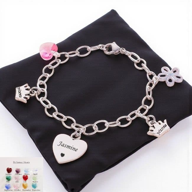 Princess Bracelet with Birthstone and Engraved Heart | Charming Engraving