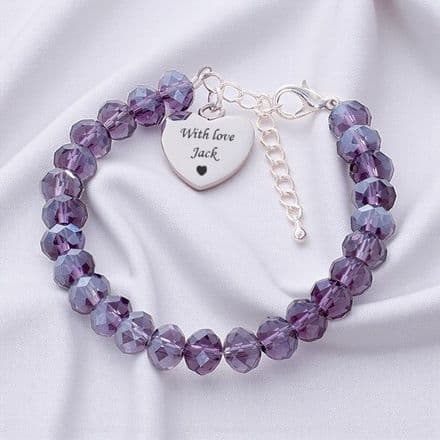 Purple Crystal Bracelet With Engraved Heart Charm