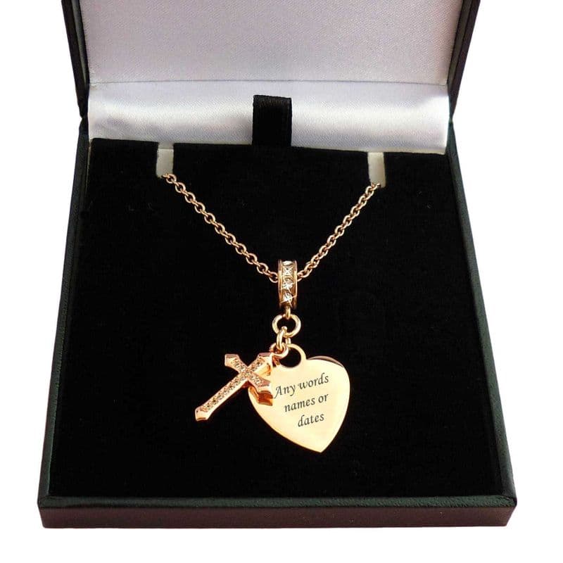 Rose Gold Cross & Heart Necklace with Engraving | Charming Engraving