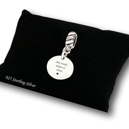Round charm Sterling Silver fits Pandora, Any Engraving.