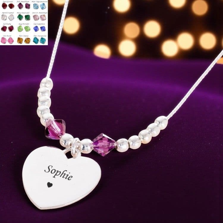 Silver Beads Birthstone Necklace with Engraving | Charming Engraving