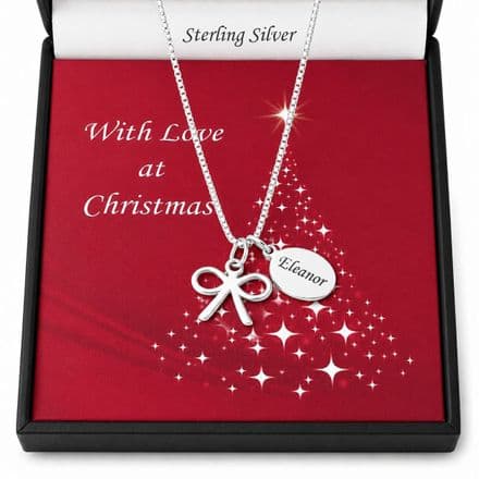 Silver Bow Christmas Necklace with Engraving