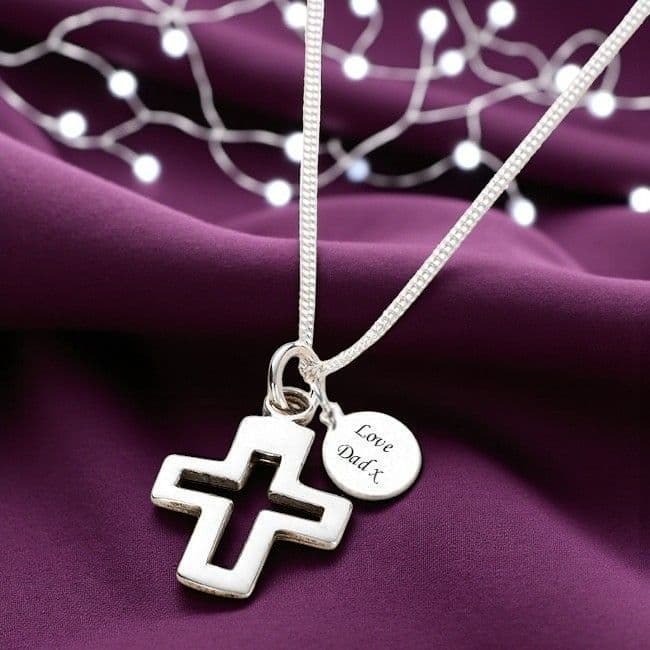 Cross Necklace with Engraving, Sterling Silver| Charming Engraving