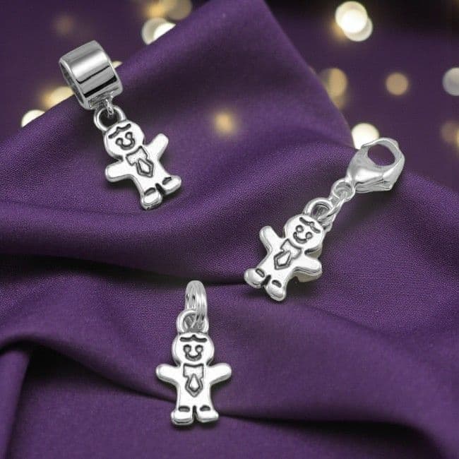 Gingerbread Boy Charm on Lobster Clasp, Split Ring or Bail - Sterling Silver | Charming Engraving