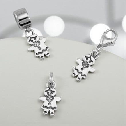Silver Gingerbread Girl Charm on Clasp, Split Ring or Bail